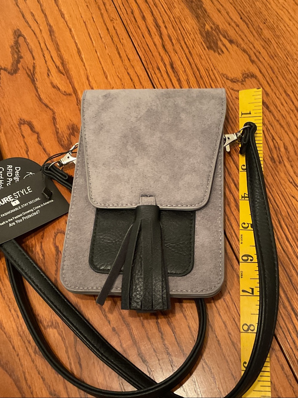 New Gray Suede Crossbody Phone Bag with Black Tassel Accent